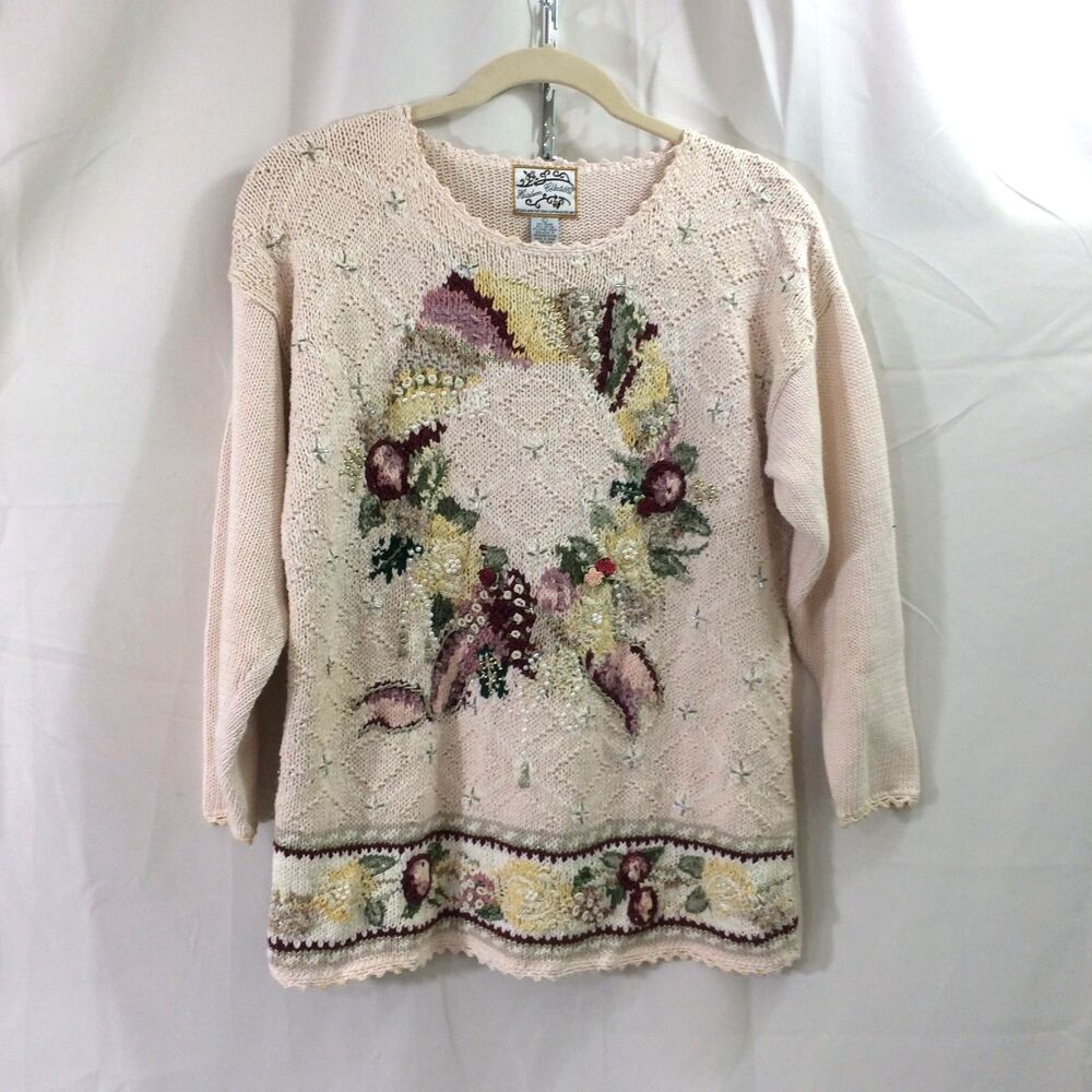 Vintage 90s Heirloom Collectibles Fruit Wreath Sweater L Ramie Cotton Beaded